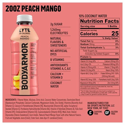 BODYARMOR LYTE Sports Drink Low-Calorie Sports Beverage, Peach Mango, Coconut Water Hydration, Natural Flavors With Vitamins, Potassium-Packed Electrolytes, Perfect For Athletes, 12 Fl Oz (Pack of 8)