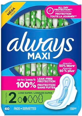 Always Maxi Feminine Pads with Wings for Women, Size 2, Long Super Absorbency, Unscented 42 Count