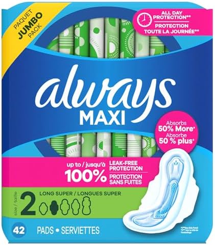 Always Maxi Feminine Pads with Wings for Women, Size 2, Long Super Absorbency, Unscented 42 Count