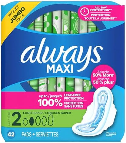 Always Maxi Feminine Pads with Wings for Women, Size 2, Long Super Absorbency, Unscented 42 Count