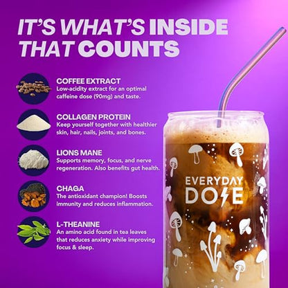 Everyday Dose Bold Medium Roast Mushroom Coffee 90mg Caffeine per serving with Grass-Fed Collagen, Chaga, Lions Mane &amp; L-Theanine for Better Focus, Energy, Digestion, Skin, and Immunity 30 Servings