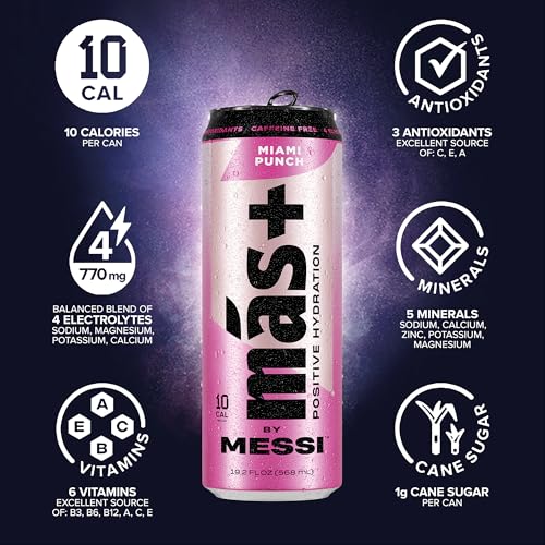 Más+ By Messi 19.2oz Miami Punch Sports Drink &amp; Hydration Beverage, Natural Flavors with Vitamins and Electrolytes, No Artificial Sweeteners or Colors, 12-pack