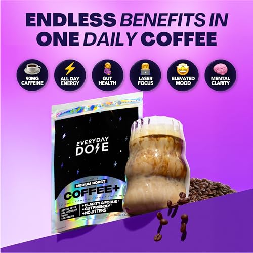 Everyday Dose Bold Medium Roast Mushroom Coffee 90mg Caffeine per serving with Grass-Fed Collagen, Chaga, Lions Mane &amp; L-Theanine for Better Focus, Energy, Digestion, Skin, and Immunity 30 Servings