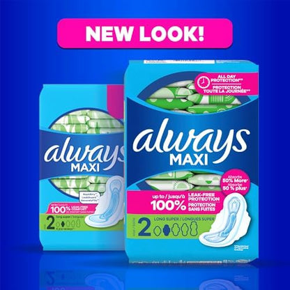 Always Maxi Feminine Pads with Wings for Women, Size 2, Long Super Absorbency, Unscented 42 Count