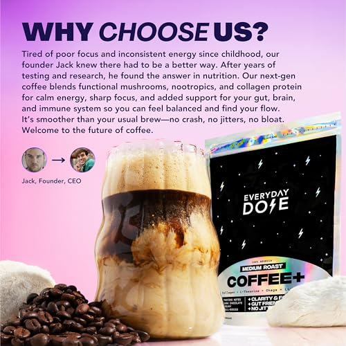 Everyday Dose Bold Medium Roast Mushroom Coffee 90mg Caffeine per serving with Grass-Fed Collagen, Chaga, Lions Mane &amp; L-Theanine for Better Focus, Energy, Digestion, Skin, and Immunity 30 Servings