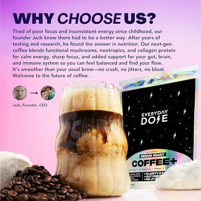 Everyday Dose Bold Medium Roast Mushroom Coffee 90mg Caffeine per serving with Grass-Fed Collagen, Chaga, Lions Mane &amp; L-Theanine for Better Focus, Energy, Digestion, Skin, and Immunity 30 Servings