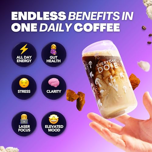 Everyday Dose Bold Medium Roast Mushroom Coffee 90mg Caffeine per serving with Grass-Fed Collagen, Chaga, Lions Mane &amp; L-Theanine for Better Focus, Energy, Digestion, Skin, and Immunity 30 Servings