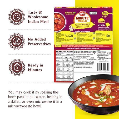 MTR - Shahi Paneer - Mild Tomato Gravy with Cottage Cheese - Authentic Indian Flavors - Flavorful, Easy, Ready-to-Eat Meal - Experience the Richness of Paneer in a Hearty Tomato Curry (Pack of 6)