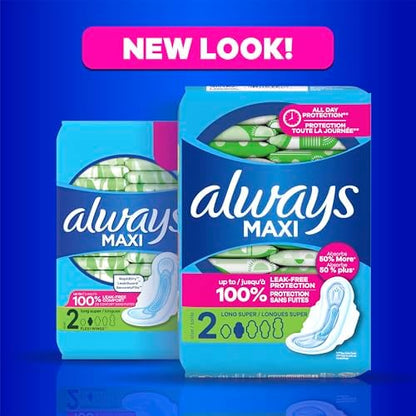 Always Maxi Feminine Pads with Wings for Women, Size 2, Long Super Absorbency, Unscented 42 Count