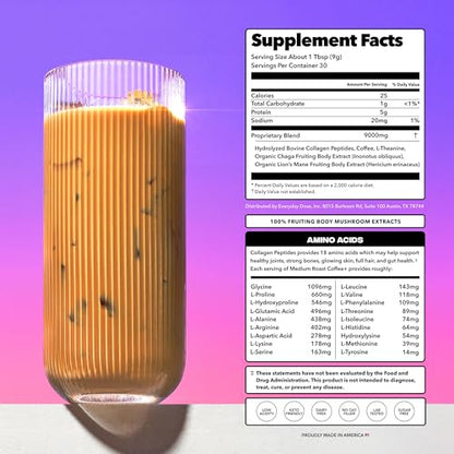 Everyday Dose Bold Medium Roast Mushroom Coffee 90mg Caffeine per serving with Grass-Fed Collagen, Chaga, Lions Mane &amp; L-Theanine for Better Focus, Energy, Digestion, Skin, and Immunity 30 Servings