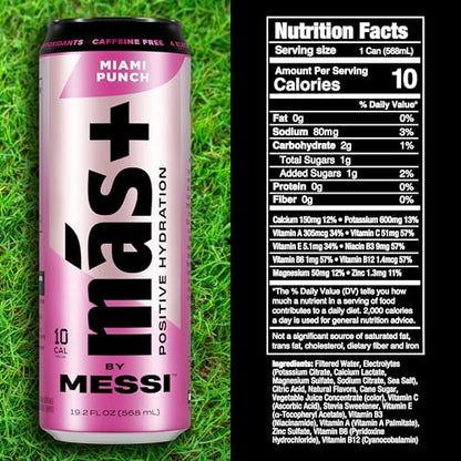 Más+ By Messi 19.2oz Miami Punch Sports Drink &amp; Hydration Beverage, Natural Flavors with Vitamins and Electrolytes, No Artificial Sweeteners or Colors, 12-pack