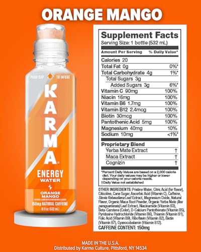 Karma Energy Drink – 12 Pack, Blueberry Watermelon Caffeinated Water with Cognizin® Nootropics, Vitamins &amp; Immune Support, Low Calorie