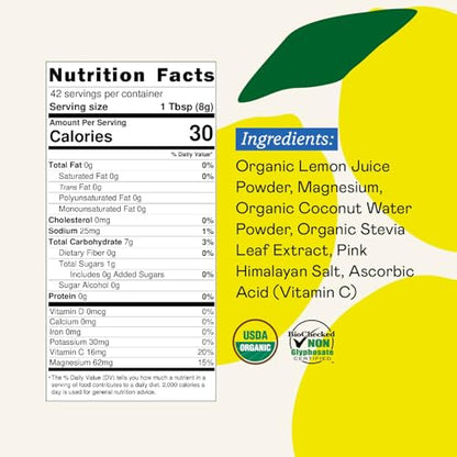 GOODONYA Organic Hydration Electrolyte Drink Mix, Certified Organic Hydration Powder, Non-GMO, Biochecked Glyphosate Free, Low Sugar, Lemonade Flavor, No Artificial Flavors, 42 Servings