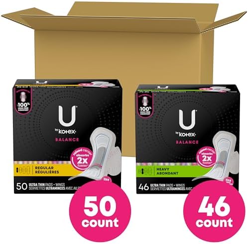 U by Kotex Balance Ultra Thin Pads with Wings, Heavy Absorbency, 46 Count (Packaging May Vary)