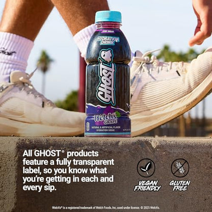 GHOST Hydration Drink, Welch’s Grape - RTD Sports Drink with Electrolytes, Natural Vitamins &amp; Minerals - All Day Lifestyle Hydration Beverage - Zero Caffeine &amp; Zero Sugars - 16.9 Fl Oz, 12 Pack