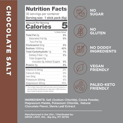 Drink LMNT Zero Sugar Hot Chocolate or Coffee Mixer - Chocolate Salt | Drink Mix | 30-Count