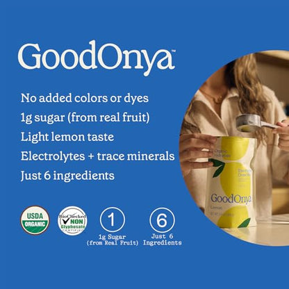 GOODONYA Organic Hydration Electrolyte Drink Mix, Certified Organic Hydration Powder, Non-GMO, Biochecked Glyphosate Free, Low Sugar, Lemonade Flavor, No Artificial Flavors, 42 Servings