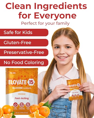 Fast-Acting Glucose Packets - Quick Dissolving, Gluten-Free 15g of Glucose Powder for Sugar &amp; Energy Dips - Oral Dextrose Powder for Kids &amp; Adults, 12 Slimpaks, Orange