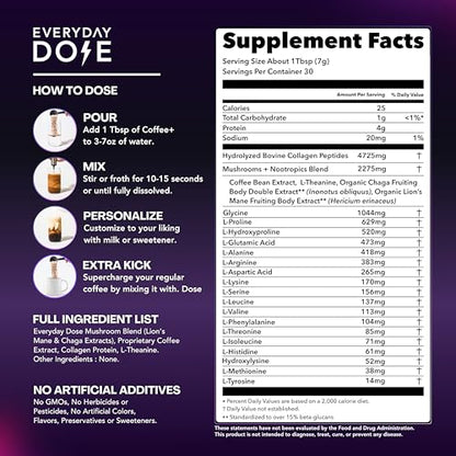 Everyday Dose Bold Medium Roast Mushroom Coffee 90mg Caffeine per serving with Grass-Fed Collagen, Chaga, Lions Mane &amp; L-Theanine for Better Focus, Energy, Digestion, Skin, and Immunity 30 Servings
