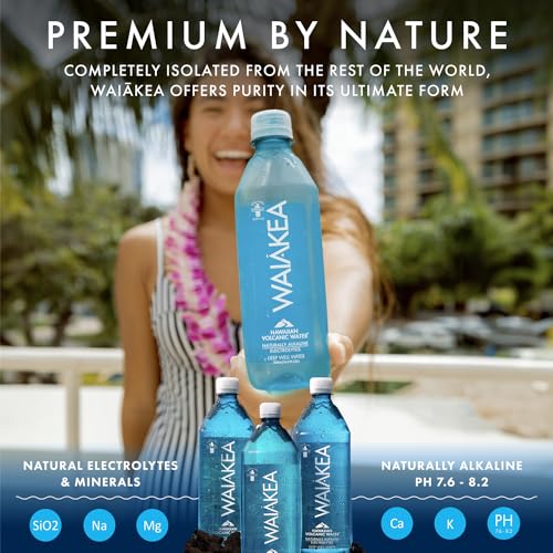 Waiākea - Hawaiian Volcanic Water - Naturally Alkaline Water - pH Range 7.6 to 8.2 - All Natural Minerals &amp; Electrolytes - 100% Recycled Water Bottles - Bottled Water 15 Pack - 23.7 Fl Oz, 700 mL