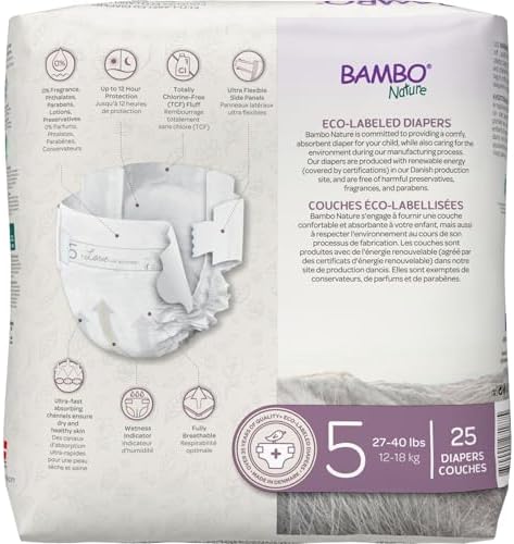 Bambo Nature Premium Eco-Friendly Baby Diapers, Size 5 (27-40 Lbs), 150 Count (6 Packs of 25)