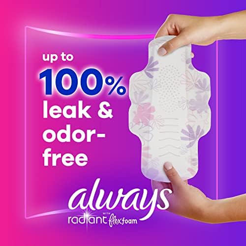 Always Radiant Feminine Pads for Women, Flexfoam Pads with Wings, Size 2, Heavy Absorbency, Lightly Scented, 78 Count (3 Packs of 26)