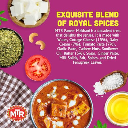 MTR - Shahi Paneer - Mild Tomato Gravy with Cottage Cheese - Authentic Indian Flavors - Flavorful, Easy, Ready-to-Eat Meal - Experience the Richness of Paneer in a Hearty Tomato Curry (Pack of 6)
