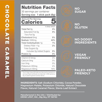 Drink LMNT Zero Sugar Hot Chocolate or Coffee Mixer - Chocolate Caramel Salt | Drink Mix | 30-Count