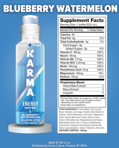 Karma Energy Drink – 12 Pack, Blueberry Watermelon Caffeinated Water with Cognizin® Nootropics, Vitamins &amp; Immune Support, Low Calorie
