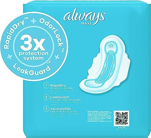 Always Maxi Feminine Pads with Wings for Women, Size 2, Long Super Absorbency, Unscented 42 Count